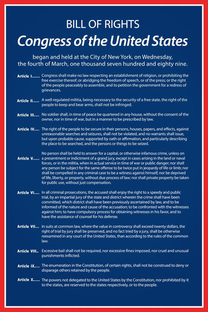 Bill Of Rights Of The United States Of America Historical Document Readable Blue Color Historical American Patriotic Stretched Canvas Art Wall Decor 16x24