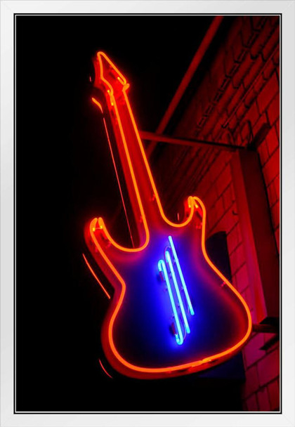 Red Neon Guitar Musical Instrument Sign Photo Photograph White Wood Framed Poster 20x14