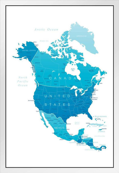 Detailed Map of North America United States Canada Mexico Reference White Wood Framed Poster 14x20