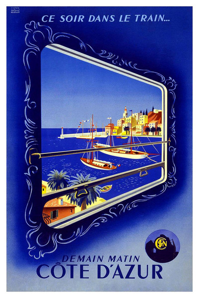 France Cote Dazur Azur Ce Soir Dans Le Train Tropical Ocean Port Vintage Illustration Travel Cool Wall Decor Art Print Poster 12x18