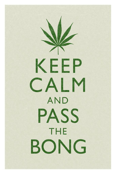 Marijuana Keep Calm And Pass The Bong Tan And Green Humorous Stretched Canvas Wall Art 16x24 inch