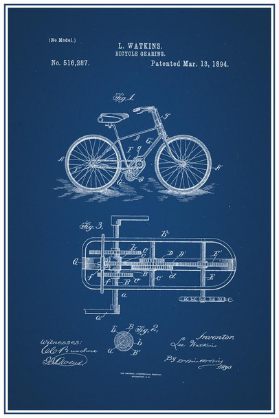 Bicycle Gearing Official Patent Blueprint Stretched Canvas Wall Art 16x24 inch