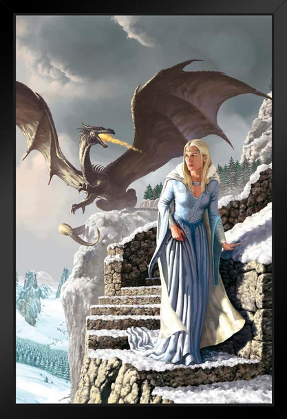Blonde Warrior Queen Dragon Breathing Fire by Ciruelo Stone Stairs Fortress Crusade Fantasy Painting Gustavo Cabral Art Print Stand or Hang Wood Frame Display Poster Print 9x13