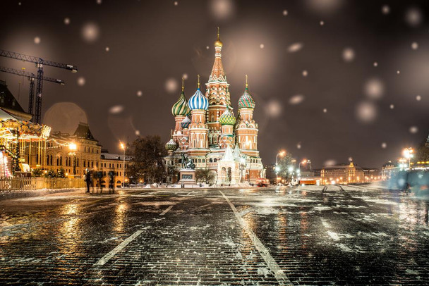 Saint Basils Cathedral Red Square Moscow at Night Photo Print Stretched Canvas Wall Art 24x16 inch