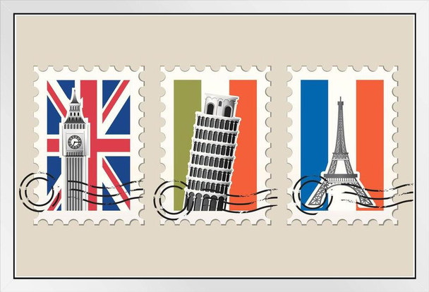 European Landmark Stamps Big Ben Eiffel Tower Flag White Wood Framed Poster 20x14