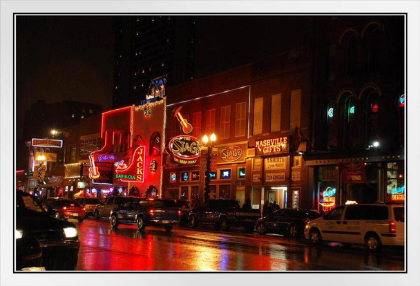 Neon Light of Lower Broadway Nashville Tennessee Photo Photograph White Wood Framed Poster 20x14