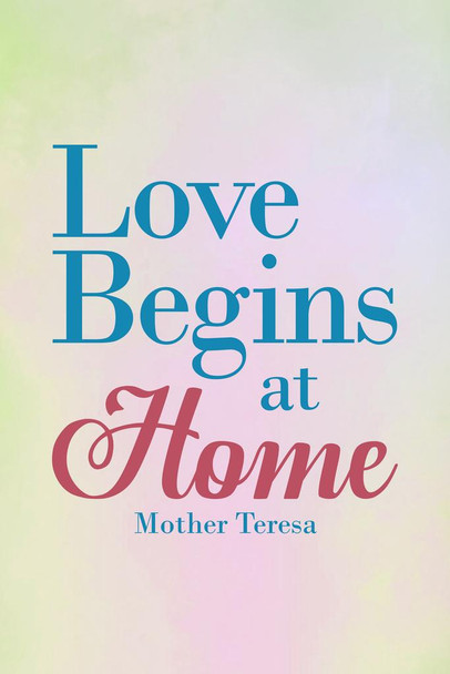 Mother Teresa Love Begins at Home Blue Famous Motivational Inspirational Quote Stretched Canvas Wall Art 16x24 inch