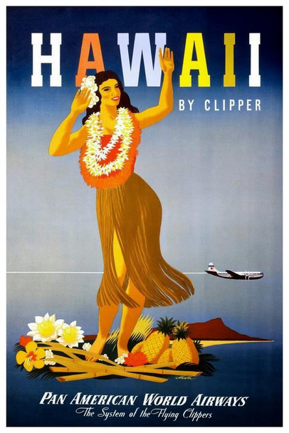 Hawaii by Clipper Hula Girl Vintage Travel Print Beach Sunset Palm Landscape Pictures Ocean Scenic Scenery Tropical Nature Photography Paradise Scenes Stretched Canvas Art Wall Decor 16x24