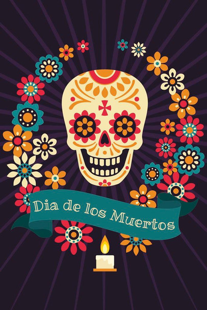 Dia de los Muertos Sugar Skull Holiday Decoration Poster Flowers Sugar Skull Day Of Dead Memorial Sign Stretched Canvas Art Wall Decor 16x24