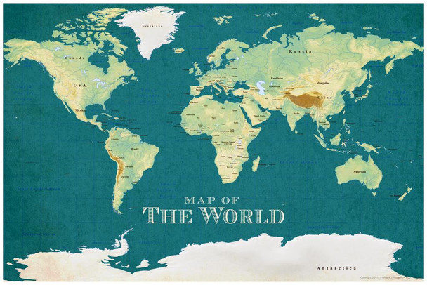 ProMaps Map of the World Vintage Style Blue Travel World Map with Cities in Detail Map Posters for Wall Map Art Wall Decor Geographical Illustration Travel Stretched Canvas Art Wall Decor 16x24