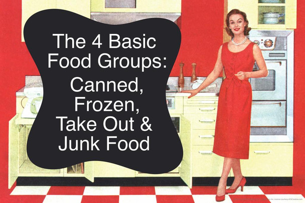 The 4 Basic Food Groups Canned Frozen Take Out & Junk Food Humor Stretched Canvas Wall Art 24x16 inch