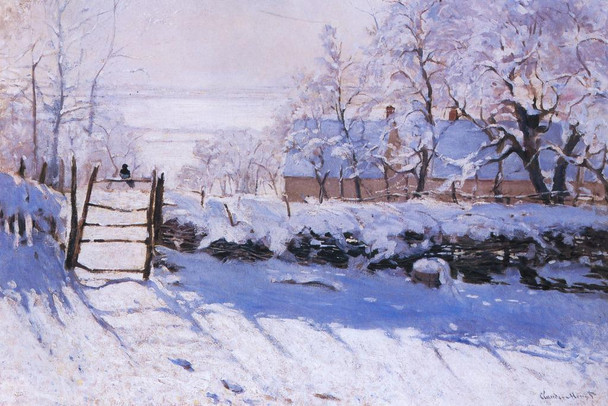 Claude Monet The Magpie Impressionist Painting Poster 1869 Nature Landscape Winter Snow With Bird On Fence Stretched Canvas Art Wall Decor 24x16