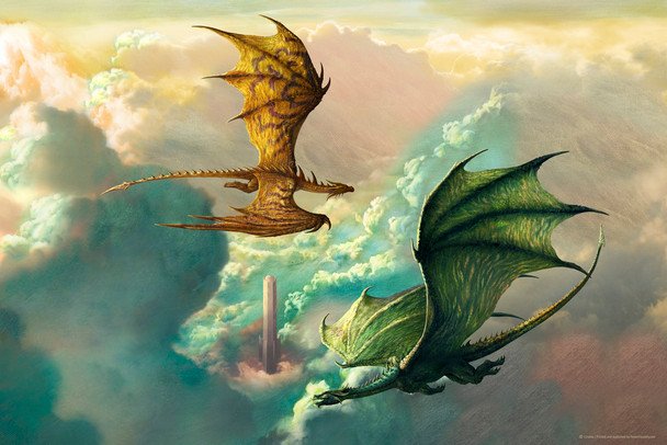 Flying Dragons in Clouds Circling Stone Tower by Ciruelo Fantasy Painting Green Red Dragon Gustavo Cabral Cool Wall Art Print Poster 12x18