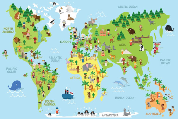 Cartoon World Map Children Animals Monuments Educational Travel World Map with Cities in Detail Map Posters for Wall Map Art Wall Decor Geographical Illustration Stretched Canvas Art Wall Decor 24x16