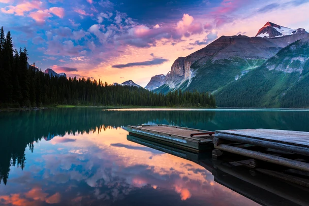 Maligne Lake Banff Jasper National Park Sunset Landscape Photo Cool Wall Art Print Poster 12x18