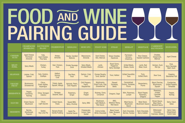 Food And Wine Pairing Guide Wine Education Poster Reference Chart Wine Decor Blue Stretched Canvas Art Wall Decor 16x24
