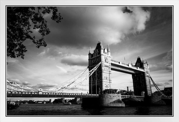London Life Tower Bridge Thames River Black and White B&W Photo Photograph White Wood Framed Poster 20x14