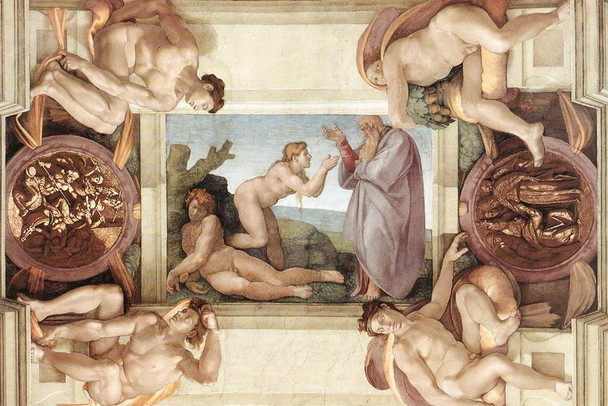 Michelangelo Creation Of Eve With Ignudi And Medallions Fine Art Stretched Canvas Wall Art 24x16 inch