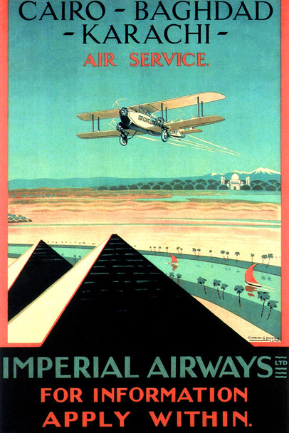 England Imperial Airways Cairo Baghdad Karachi Air Service Egyptian Pyramids Biplane Airplane Vintage Illustration Travel Cool Wall Decor Art Print Poster 12x18