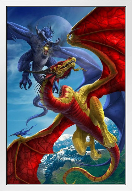 Slash and Burn Dragon Battle Tom Wood Fantasy Art White Wood Framed Poster 14x20