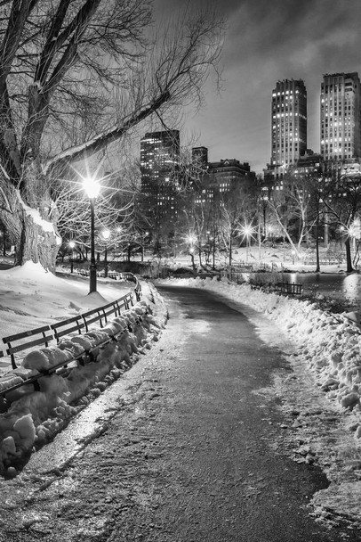 New York City Central Park Wintery Path B&W Photo Print Stretched Canvas Wall Art 16x24 inch