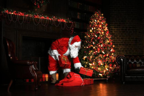 Santa Claus Placing Presents Under Christmas Tree Eve Wrapped Gifts Cool Wall Art Print Poster 12x18