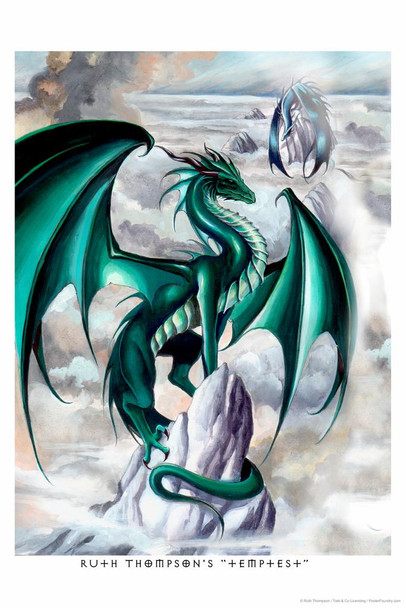 Temptest Green Dragon by Ruth Thompson Fantasy Poster Drawing Tempest Magical Creature Stretched Canvas Art Wall Decor 16x24
