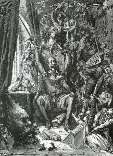 Gustave Dore Don Quixote In His Library French Printmaker Black And White Illustration Stretched Canvas Wall Art 16x24 inch