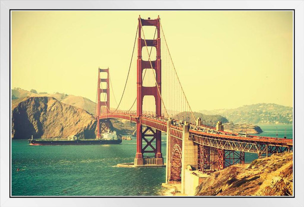Golden Gate Bridge San Francisco Old Film Retro Style Photo Photograph White Wood Framed Poster 20x14