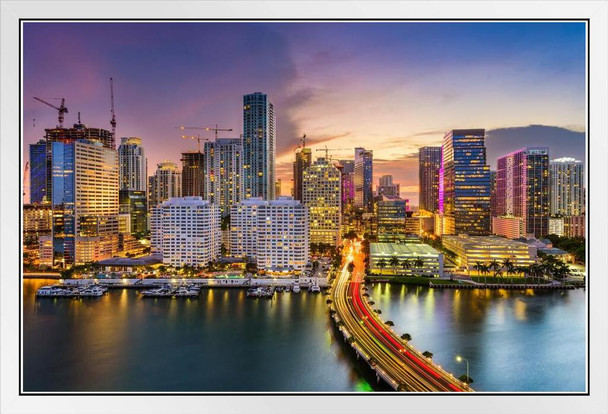 Miami Florida Downtown City Skyline Sunset Photo Beach Palm Landscape Pictures Ocean Scenic Scenery Tropical Nature Photography Paradise Scenes White Wood Framed Art Poster 20x14