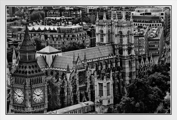 London Skyline View Big Ben and Westminster Abbey Black and White B&W Photo Photograph White Wood Framed Poster 20x14