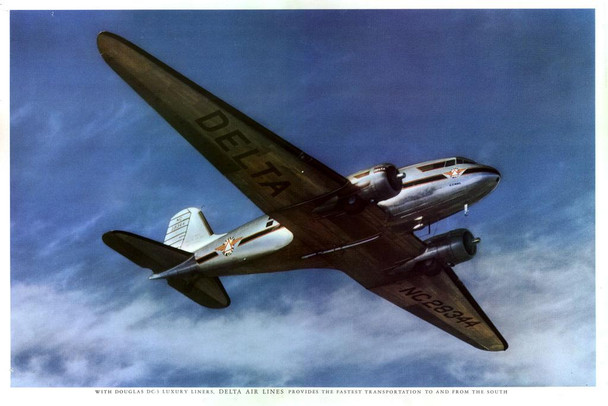 WPA War Propaganda Delta Air Lines Douglas DC3 Luxury Liners Fastest Transportation Stretched Canvas Wall Art 16x24 inch