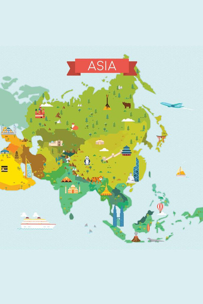 Modern Map Of Asia Illustrated Icons School Classroom Kids Educational Pictures Countries China Japan Russia Stretched Canvas Art Wall Decor 16x24