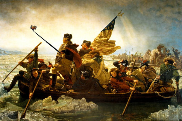 George Washington Crossing Delaware Selfie Funny Poster Taking Selfie Stick in Boat Art Humor Parody Stretched Canvas Art Wall Decor 16x24