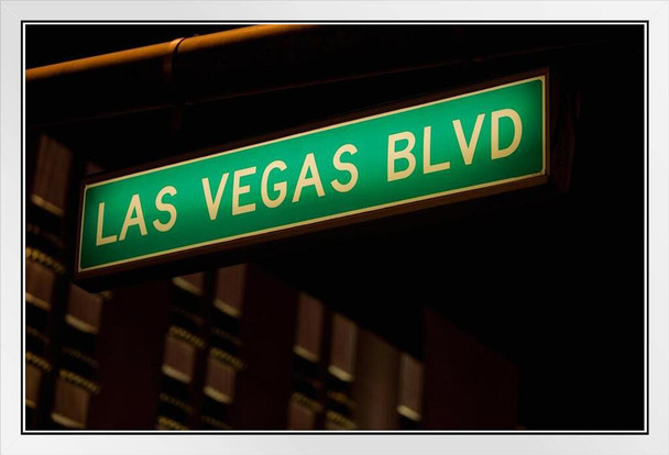 Las Vegas Blvd Street Sign Las Vegas Nevada Illuminated at Night Photo Photograph White Wood Framed Poster 20x14