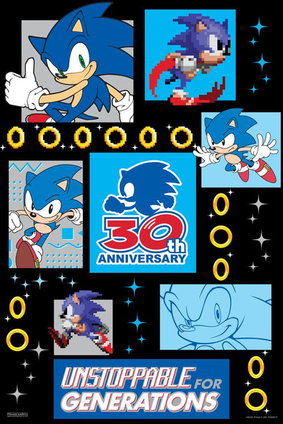 Laminated Sonic the Hedgehog 30th Anniversary Rings Unstoppable Sega Video Game Retro Classic Gamer Poster Dry Erase Sign 12x18
