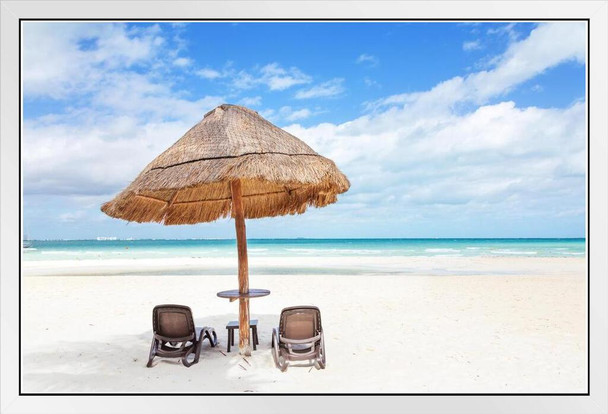 Sunshade And Lounge Chairs Tropical Sandy Beach I Photo Photograph White Wood Framed Poster 20x14