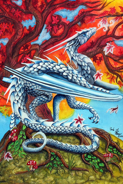 First Breath of Winter Blue Ice Dragon by Carla Morrow Fantasy Poster Under Flaming Red Tree Stretched Canvas Art Wall Decor 16x24