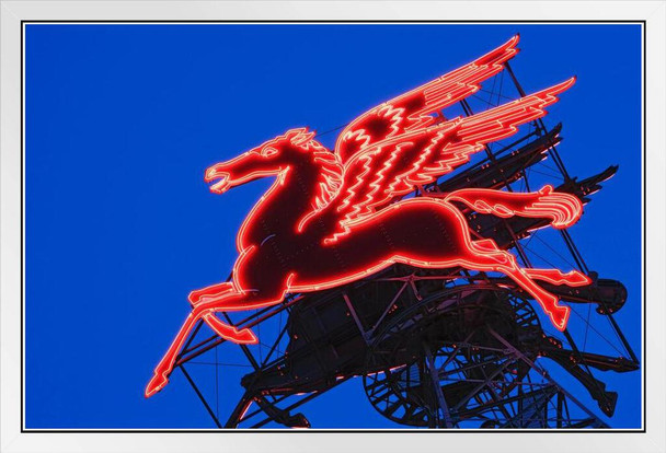 Neon Pegasus Sign Under Dusk Sky Magnolia Building Dallas Texas Photo Photograph White Wood Framed Poster 20x14