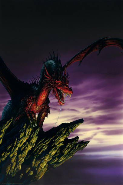 Vigilant Red Dragon On Rocky Cliff by Ciruelo Artist Painting Fantasy Cool Wall Art Print Poster 12x18