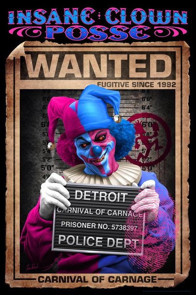 Wanted Sign Carnival of Carnage Police Dept ICP Insane Clown Posse Music Band Tom Wood Fantasy Stretched Canvas Art Wall Decor 16x24