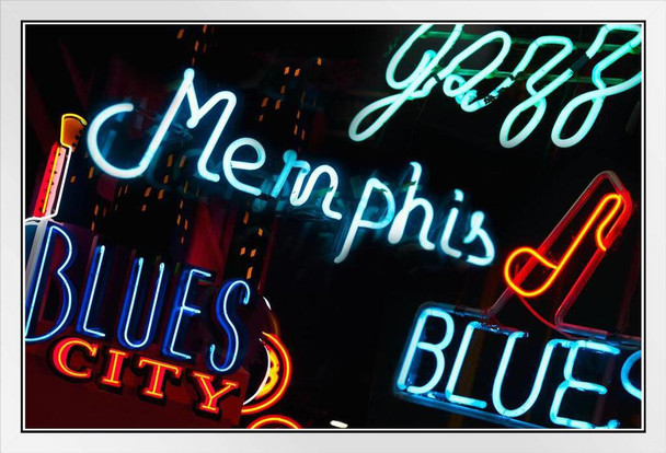 Neon Signs on Beale Street in Memphis Tennessee Photo Photograph White Wood Framed Art Poster 20x14