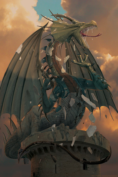The Awakening Green Dragon on Tower by Vincent Hie Fantasy Cool Wall Art Print Poster 12x18