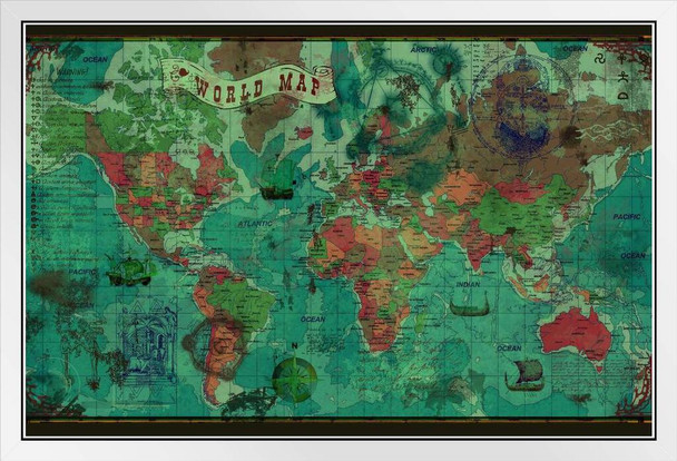 World Political Antique Style Map Travel World Map with Cities in Detail Map Posters for Wall Map Art Wall Decor Geographical Illustration Vintage Destinations White Wood Framed Art Poster 20x14