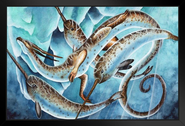 Icy Depths by Carla Morrow Dragon Narwhal Whales Swimming Under Arctic Ice Fantasy Art Print Stand or Hang Wood Frame Display Poster Print 9x13