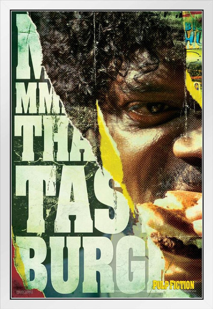 Pulp Fiction White Wood Framed Poster Jules Winnfield MMM Thats A Tasty Burger Retro Vintage Classic Quentin Tarantino Samuel L Jackson 90s Movie Poster 14x20