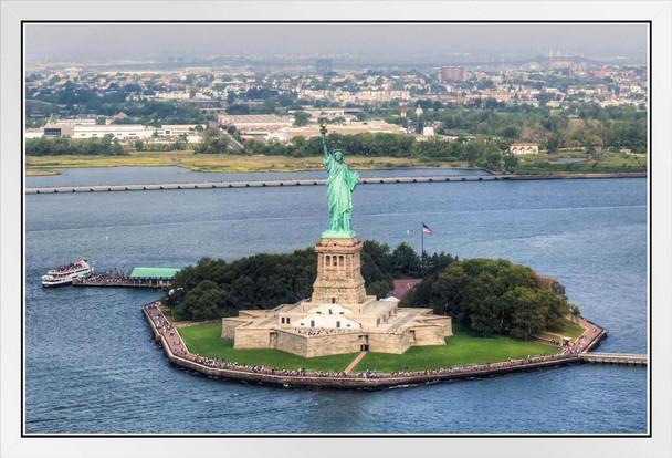 Aerial View of Statue of Liberty New York City Photo Photograph White Wood Framed Poster 20x14