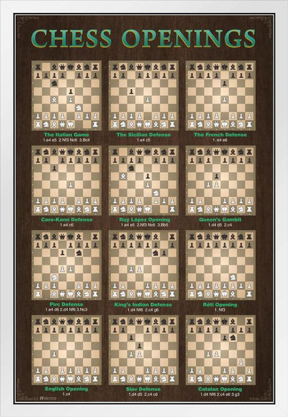 Chess Openings Game Room Decor Chart Moves Defense White Wood Framed Art Poster 14x20