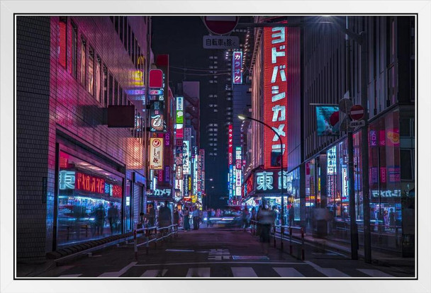 Neon Tokyo Poster Lofi Decor Neon Building Street Lights Night Downtown Shinjuku Tokyo Japan Skyline Photo Japanese Tokyo China Beijing Asia Asian Lights White Wood Framed Art Poster 20x14