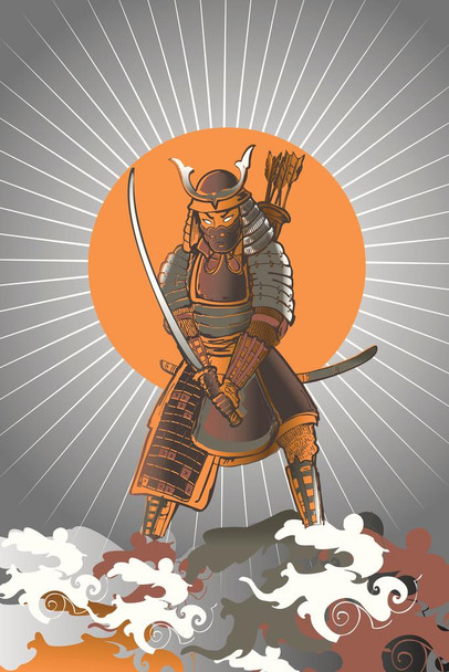 Laminated Samurai Warrior Katana Oriental Sword Armor Bow Arrows Modern Art Japanese Sketch Poster Dry Erase Sign 12x18